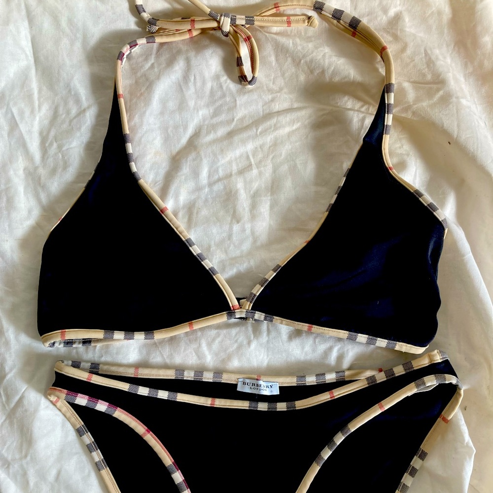 Burberry black bathing suit with vintage  signature check trim